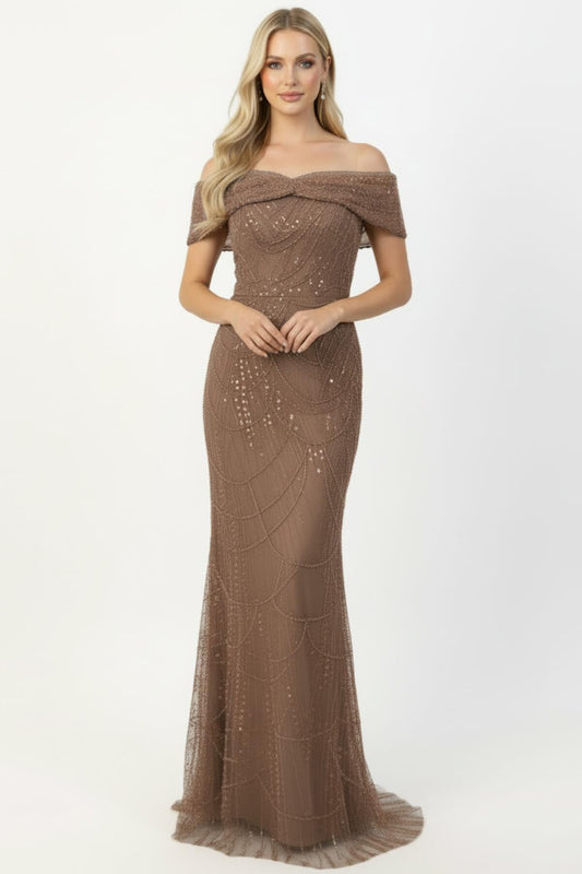 Kadın Yaka Detay Pullu Boncuklu Uzun Abiye  Bej