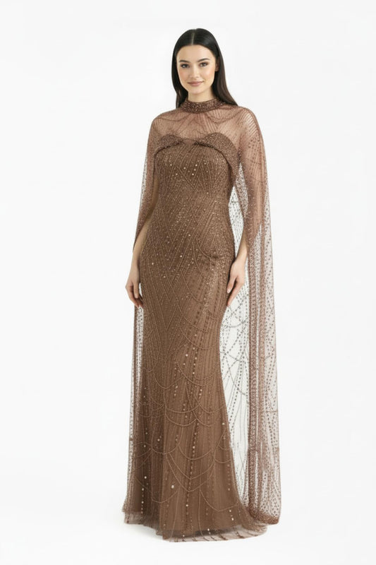 Kadın Pelerinli Pullu Boncuklu İkili Abiye  Bej