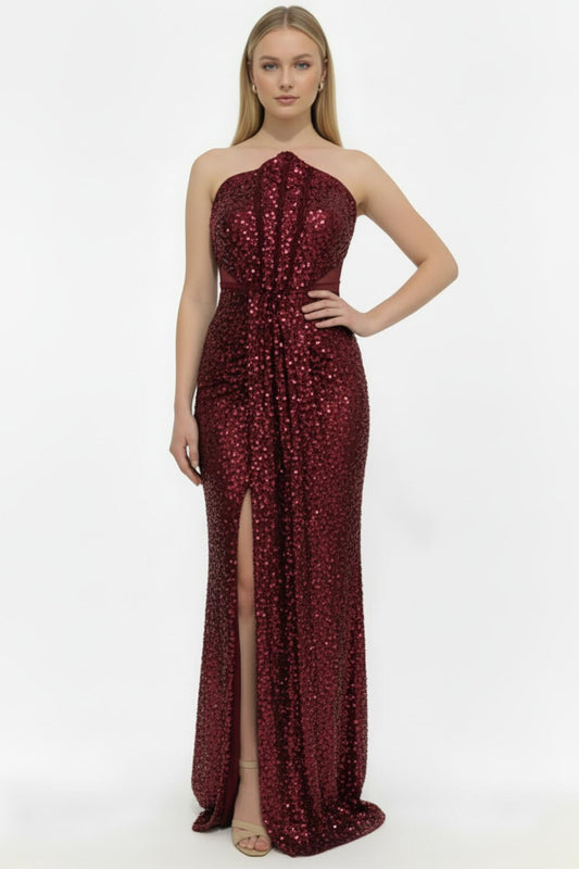 Kadın Bel Tül Detay Pullu Boncuklu Abiye  Bordo