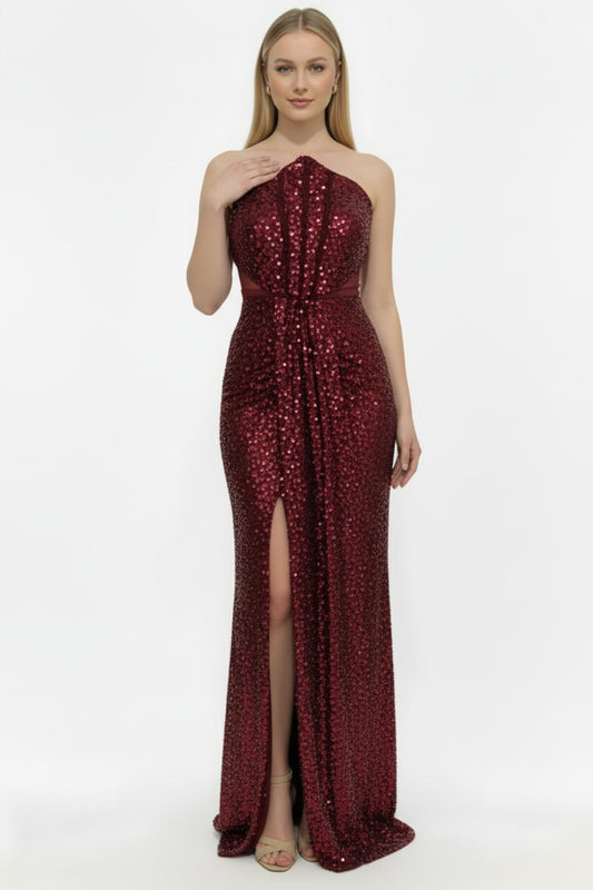 Kadın Bel Tül Detay Pullu Boncuklu Abiye  Bordo