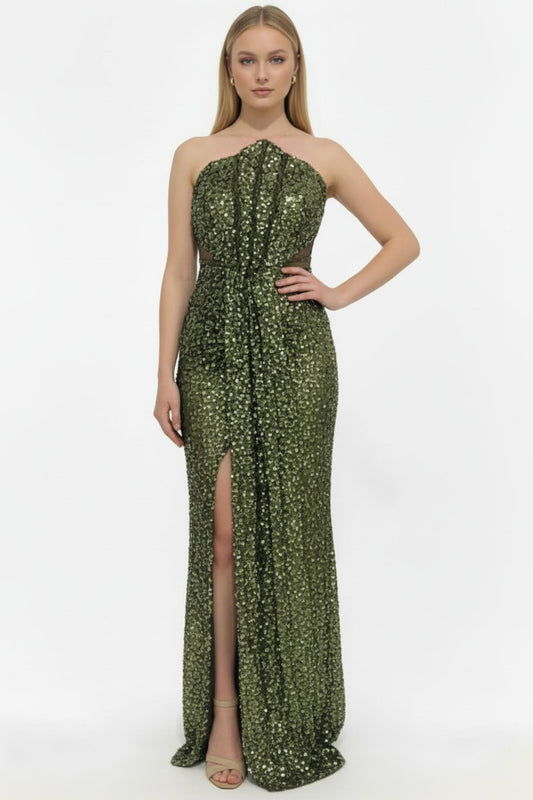 Kadın Bel Tül Detay Pullu Boncuklu Abiye  Yeşil