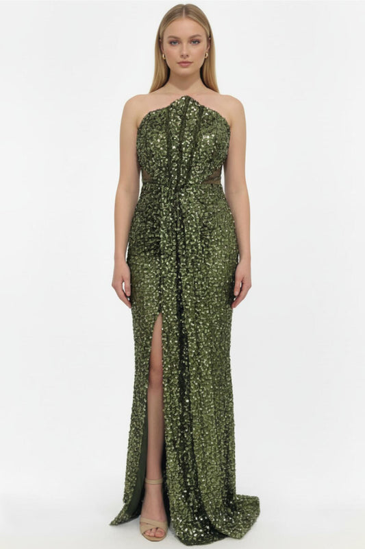 Kadın Bel Tül Detay Pullu Boncuklu Abiye  Yeşil