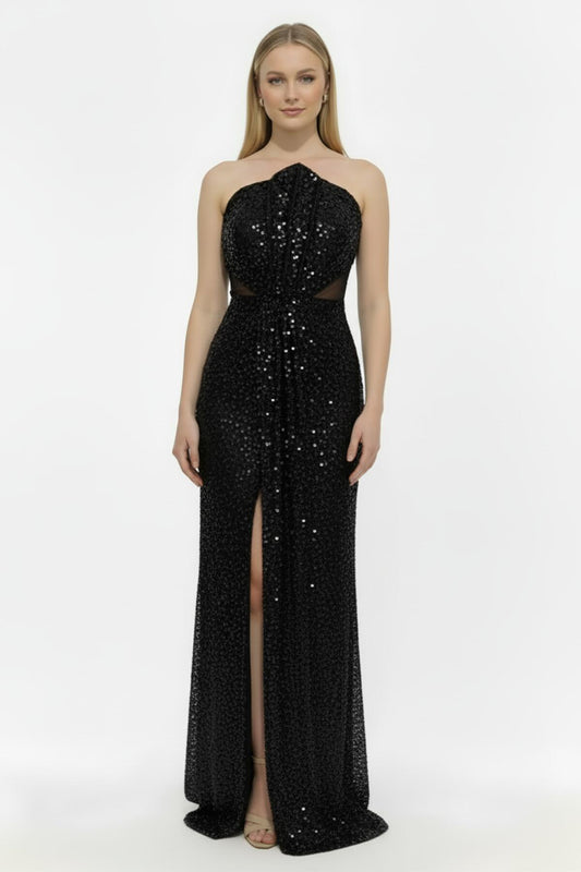 Kadın Bel Tül Detay Pullu Boncuklu Abiye  Siyah