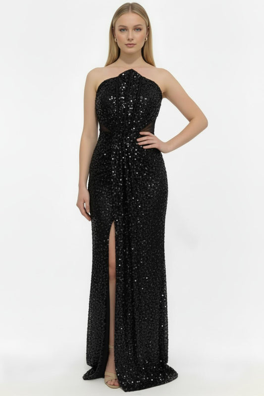 Kadın Bel Tül Detay Pullu Boncuklu Abiye  Siyah