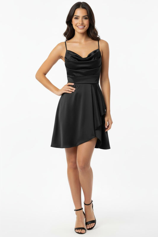 Kadın İp Askılı Kısa Saten Abiye  Siyah