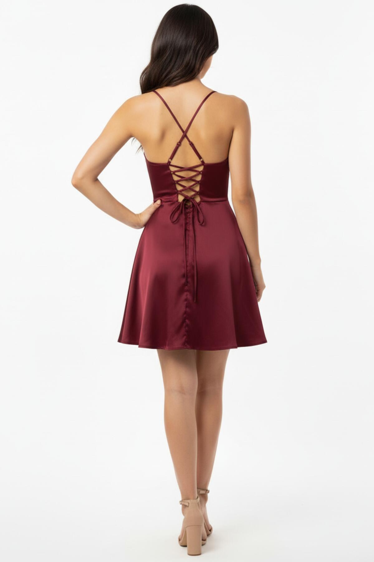Kadın İp Askılı Kısa Saten Abiye  Bordo
