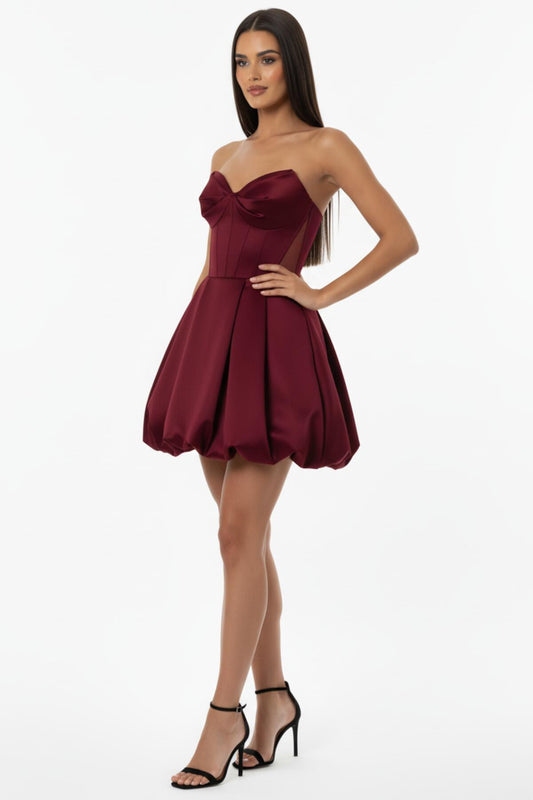 Kadın Bel Tül Detay Kısa Saten Abiye  Bordo