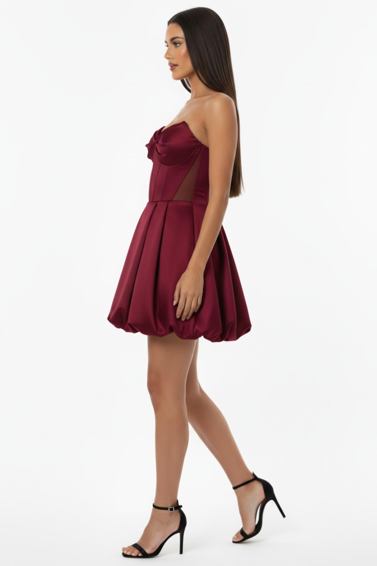 Kadın Bel Tül Detay Kısa Saten Abiye  Bordo