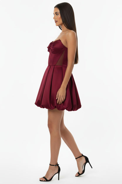 Kadın Bel Tül Detay Kısa Saten Abiye  Bordo