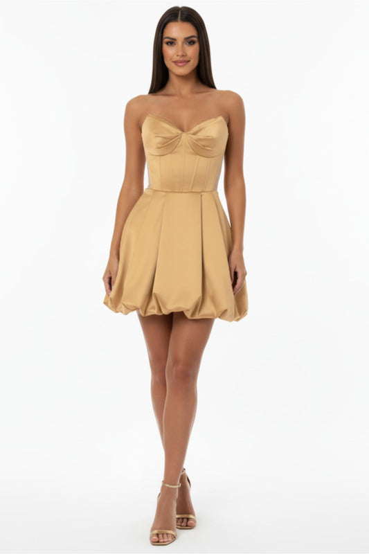 Kadın Bel Tül Detay Kısa Saten Abiye  Bej