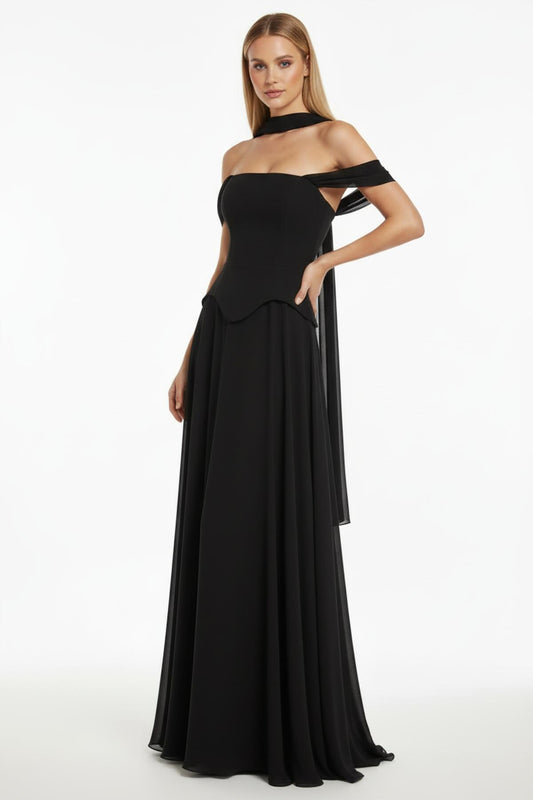 Kadın Şifon Dabl Uzun Abiye  Siyah