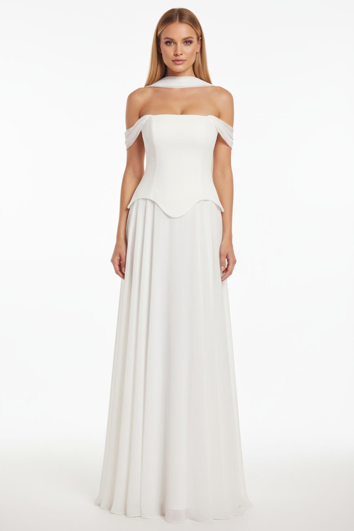 Kadın Şifon Dabl Uzun Abiye  Ekru