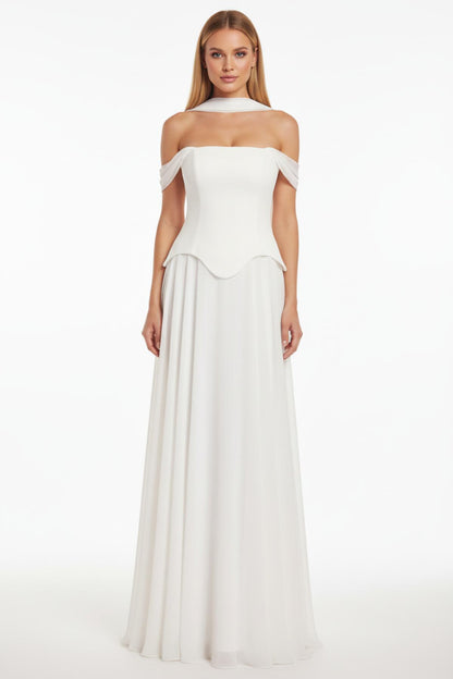 Kadın Şifon Dabl Uzun Abiye  Ekru