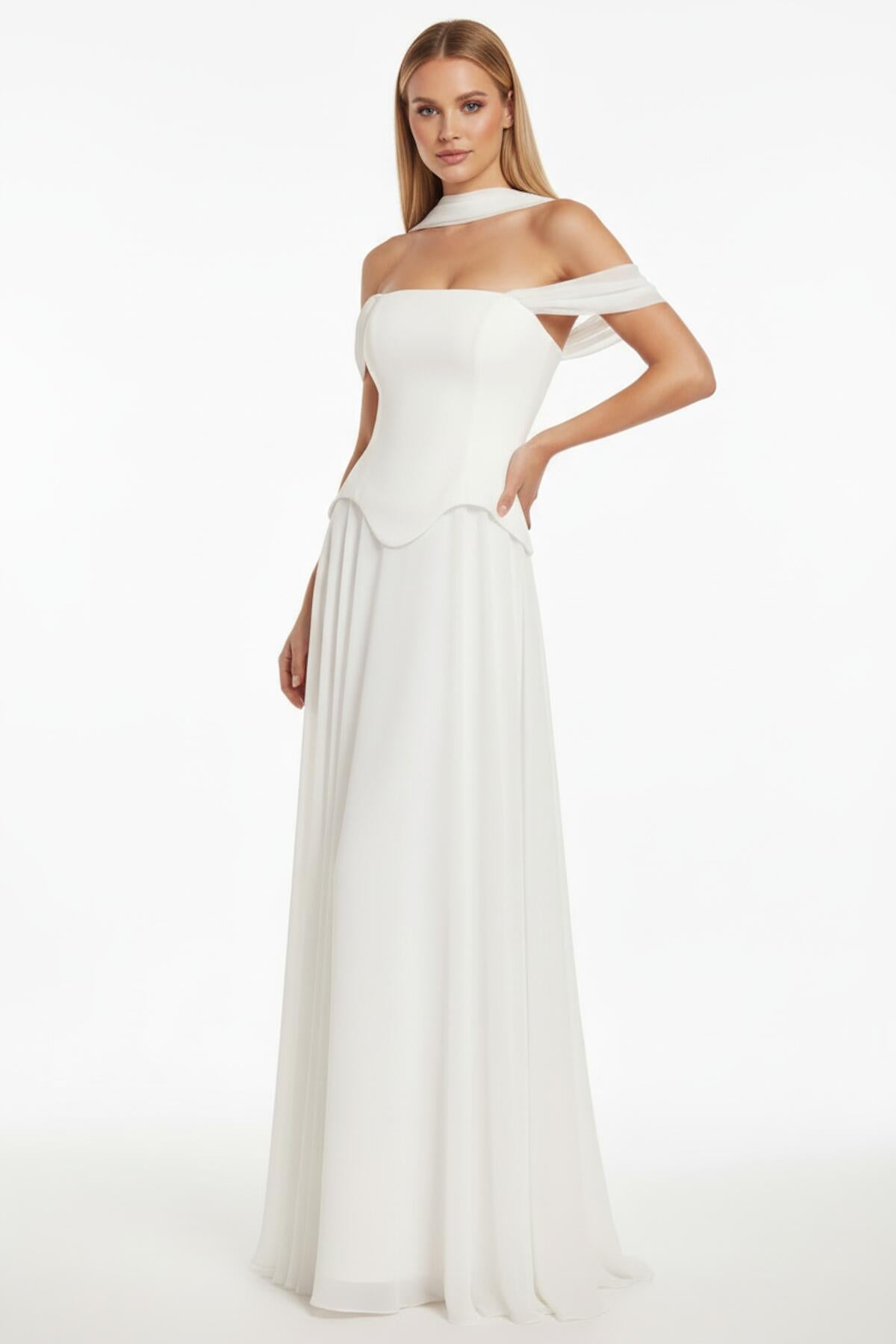 Kadın Şifon Dabl Uzun Abiye  Ekru