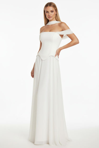 Kadın Şifon Dabl Uzun Abiye  Ekru