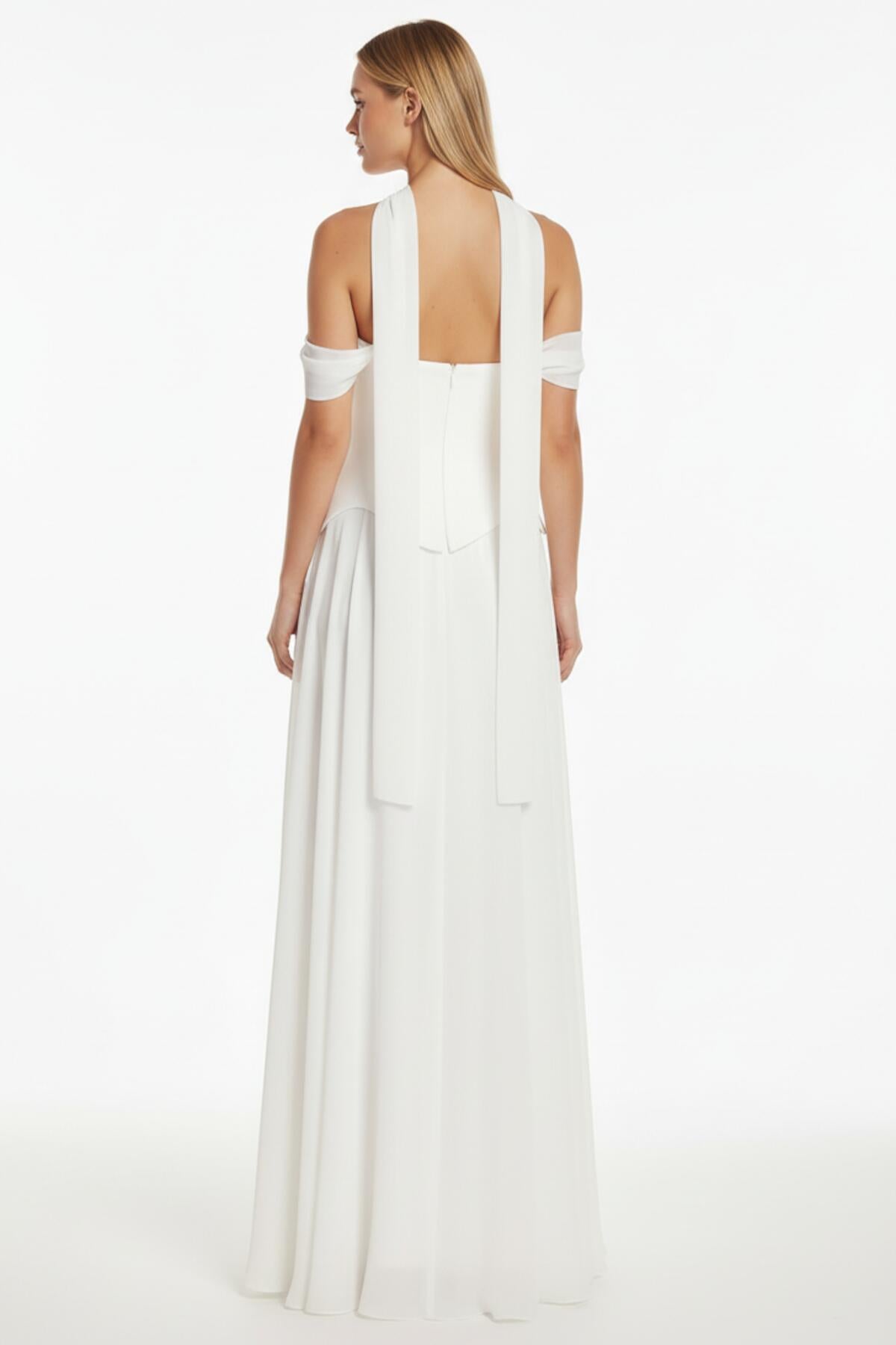 Kadın Şifon Dabl Uzun Abiye  Ekru