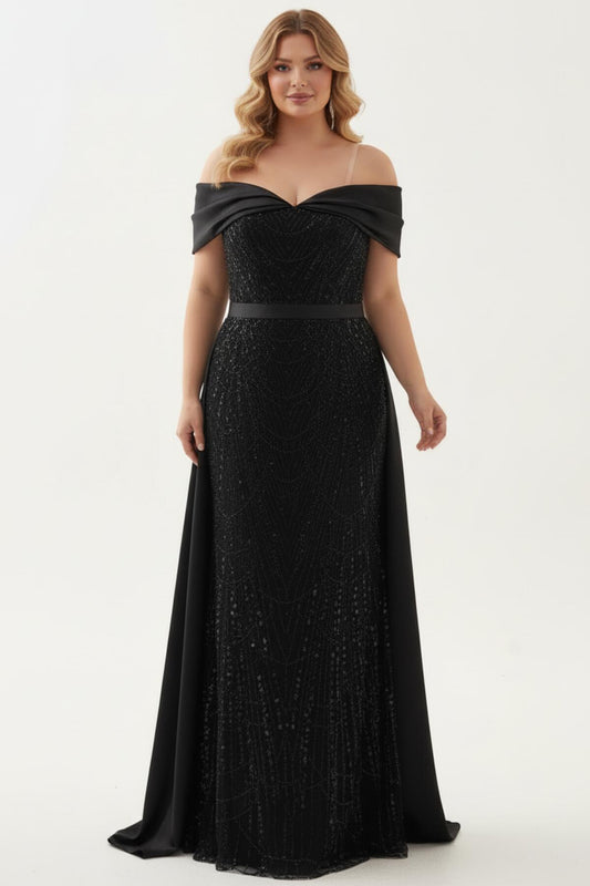 Büyük Beden Pul Boncuk İşlemeli Uzun Saten Abiye  Siyah