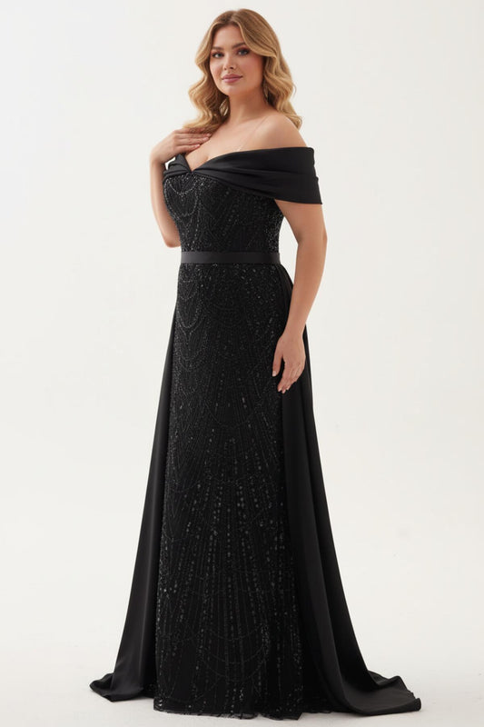 Büyük Beden Pul Boncuk İşlemeli Uzun Saten Abiye  Siyah