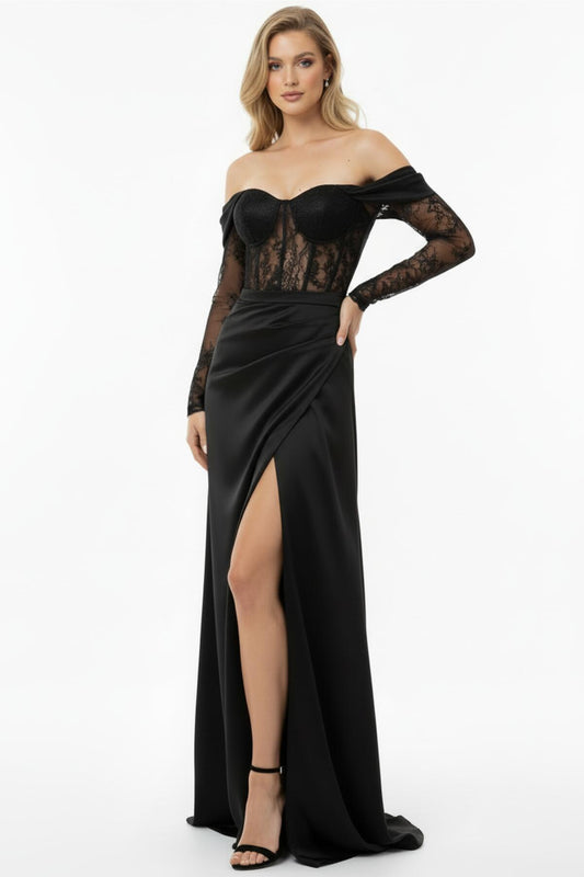 Kadın Pul İşlemeli Yırtmaçlı Uzun Saten Abiye  Siyah