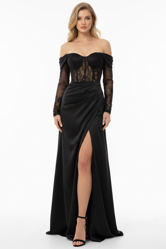 Kadın Pul İşlemeli Yırtmaçlı Uzun Saten Abiye  Siyah