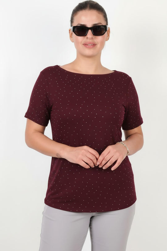 Büyük Beden Kayık Yaka Taşlı Bluz  Bordo