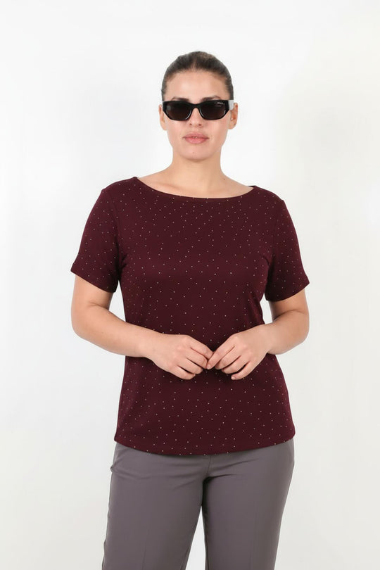 Büyük Beden Kayık Yaka Taşlı Bluz  Bordo