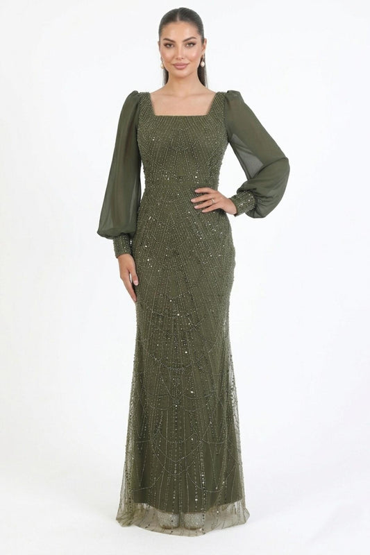 Kadın Manşetli Şifon Kol Pullu Boncuklu Uzun Abiye  Haki