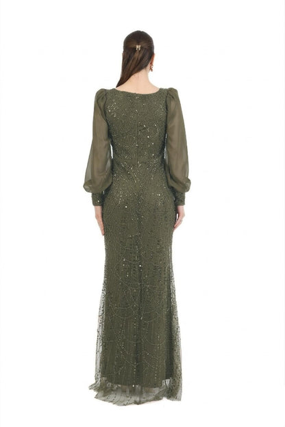 Kadın Manşetli Şifon Kol Pullu Boncuklu Uzun Abiye  Haki