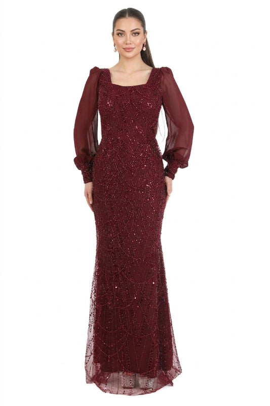 Kadın Manşetli Şifon Kol Pullu Boncuklu Uzun Abiye  Bordo