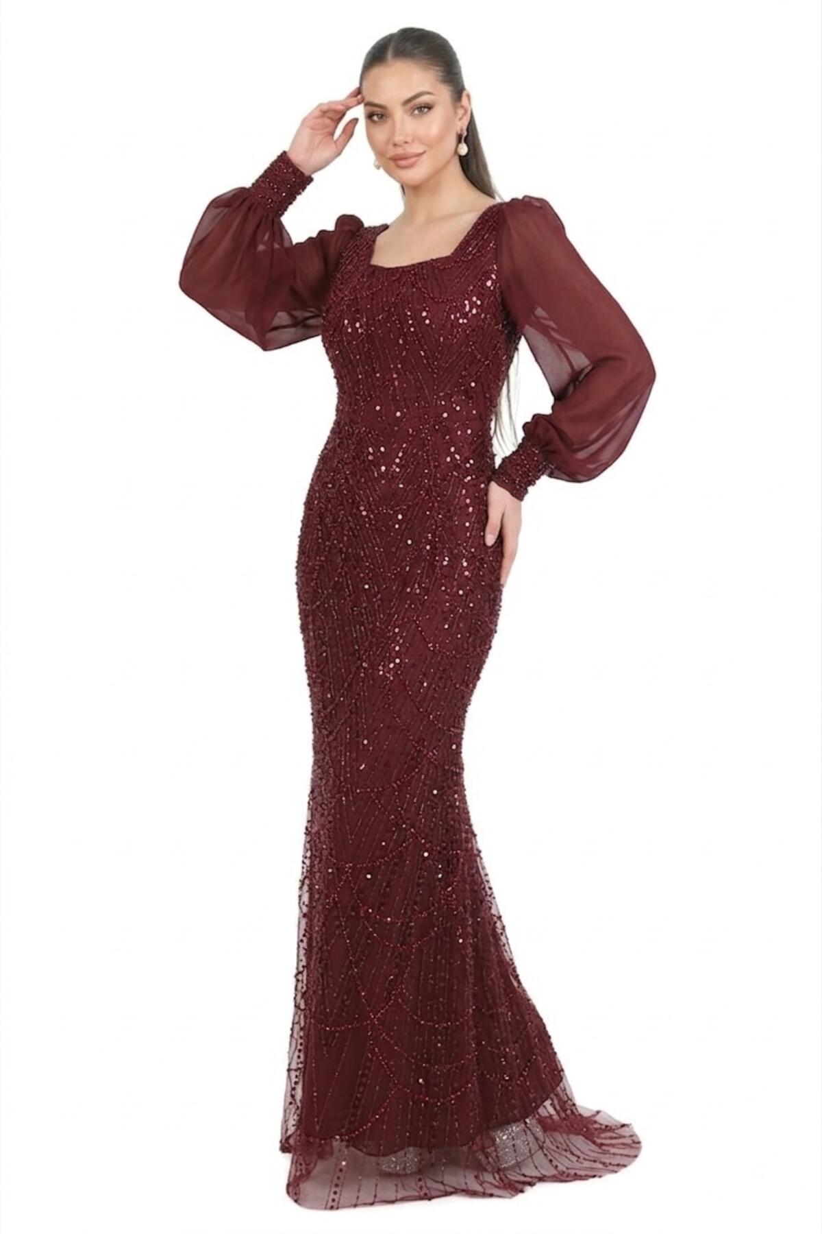 Kadın Manşetli Şifon Kol Pullu Boncuklu Uzun Abiye  Bordo