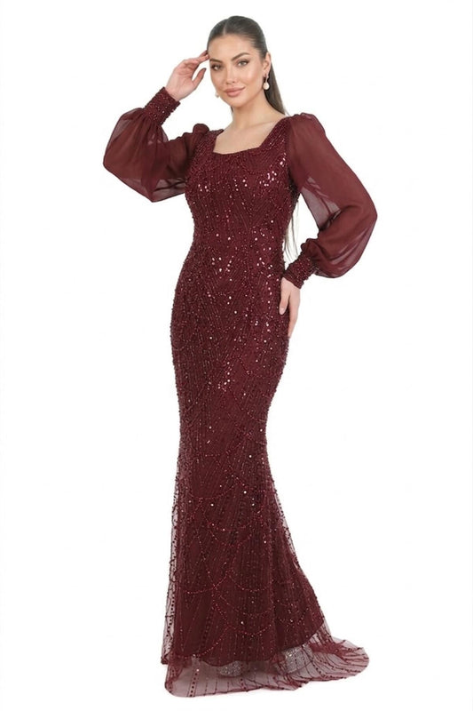 Kadın Manşetli Şifon Kol Pullu Boncuklu Uzun Abiye  Bordo