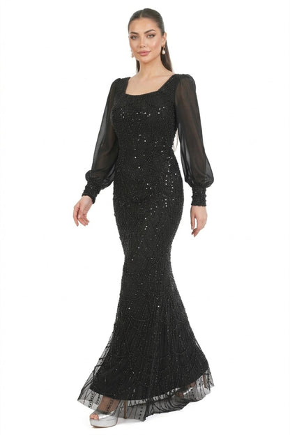 Kadın Manşetli Şifon Kol Pullu Boncuklu Uzun Abiye  Siyah