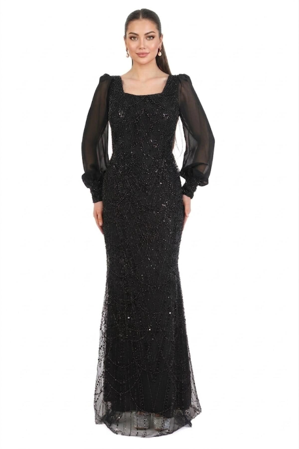 Kadın Manşetli Şifon Kol Pullu Boncuklu Uzun Abiye  Siyah