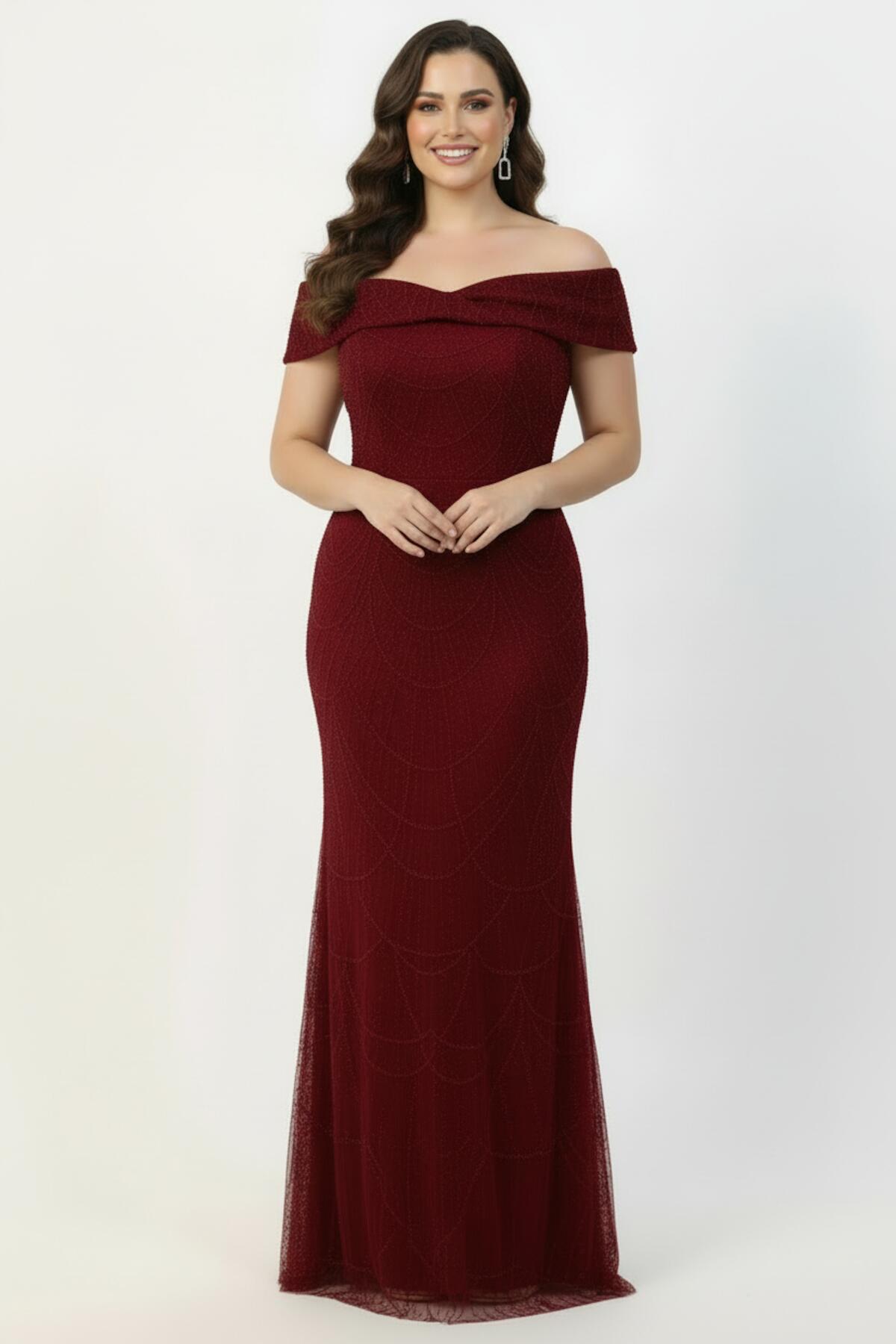 Büyük Beden Yaka Detay Pullu Boncuklu Uzun Abiye  Bordo