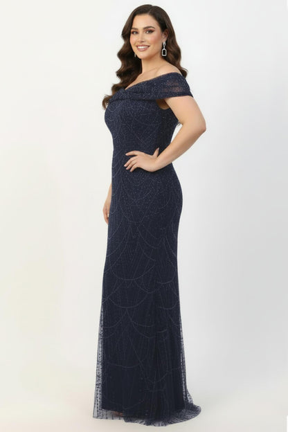 Büyük Beden Yaka Detay Pullu Boncuklu Uzun Abiye  Lacivert