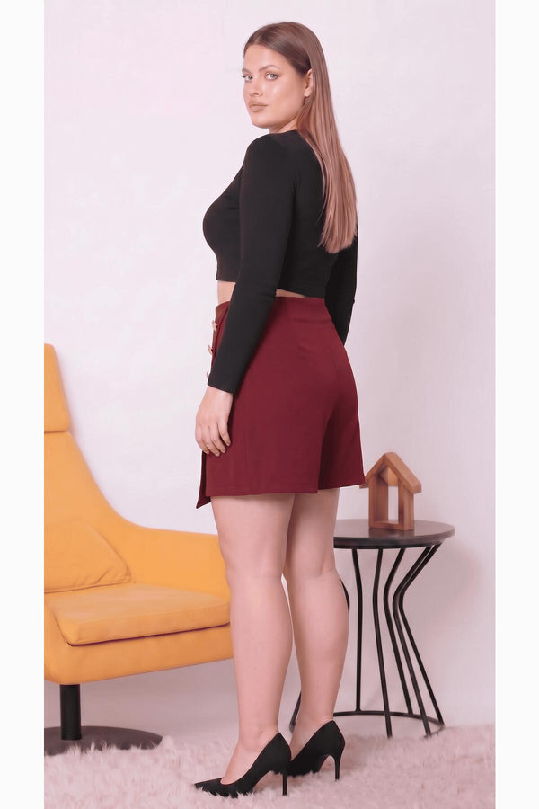 Büyük Beden Düğmeli Şort Etek  Bordo