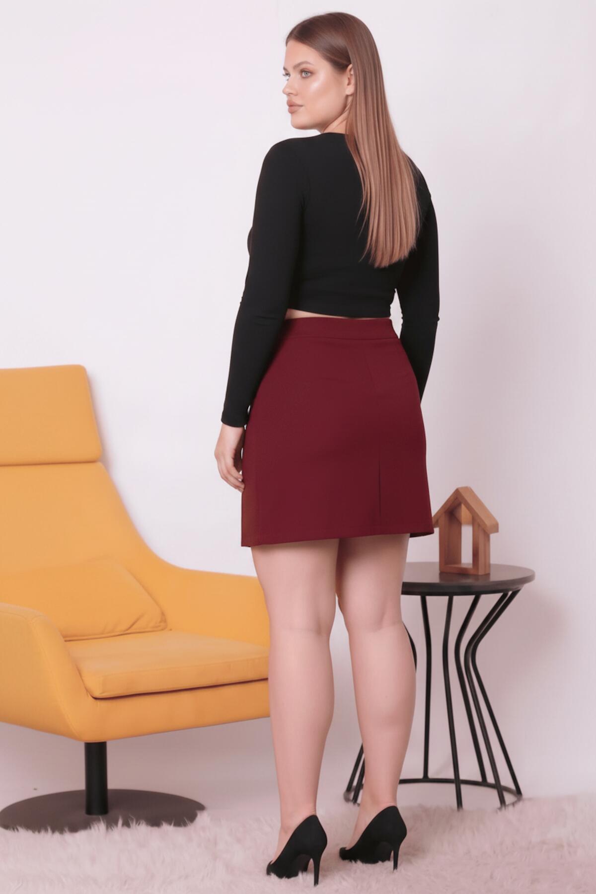 Büyük Beden Çift Yırtmaçlı Şort Etek  Bordo