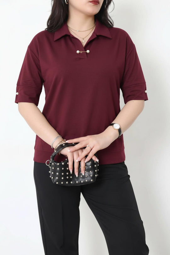 Büyük Beden Kolları İncili Yakalı Bluz  Bordo