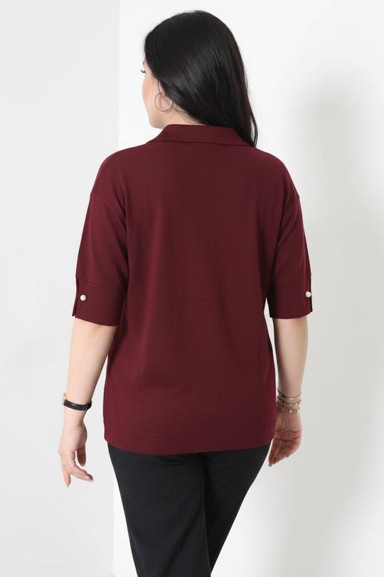 Büyük Beden Kolları İncili Yakalı Bluz  Bordo