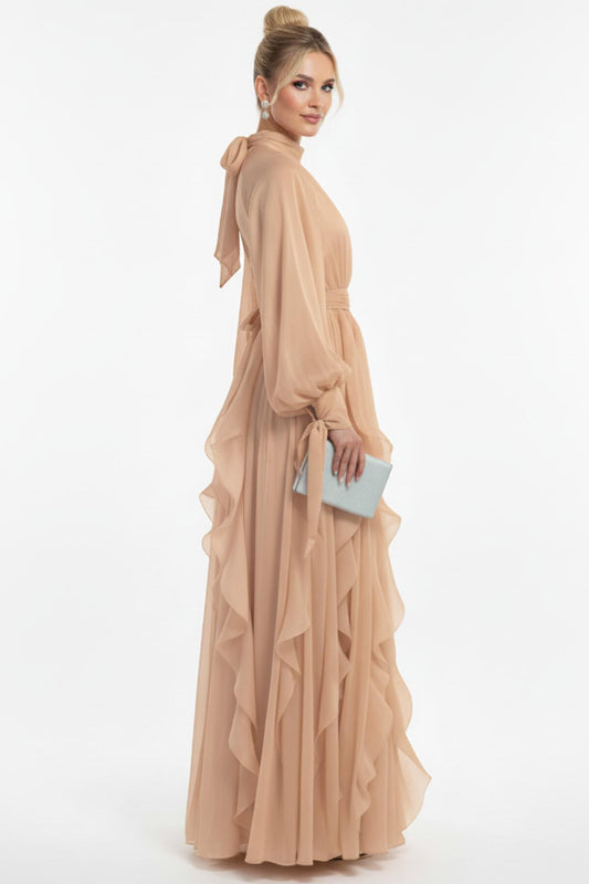 Kadın Bukleli Uzun Kol Uzun Abiye  Bej