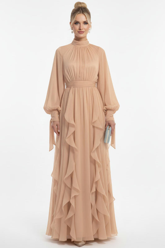 Kadın Bukleli Uzun Kol Uzun Abiye  Bej