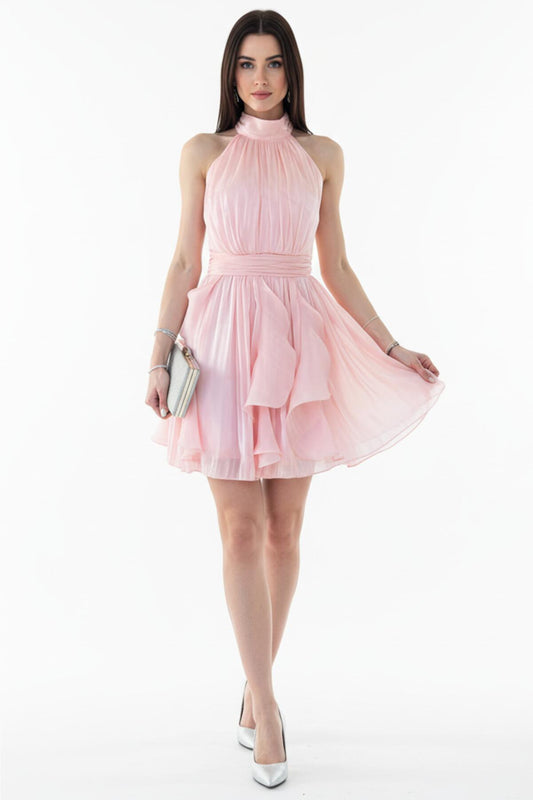 Kadın Bukleli Boyun Bağlamalı Kısa Elbise  Pudra