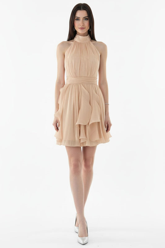 Kadın Bukleli Boyun Bağlamalı Kısa Elbise  Bej