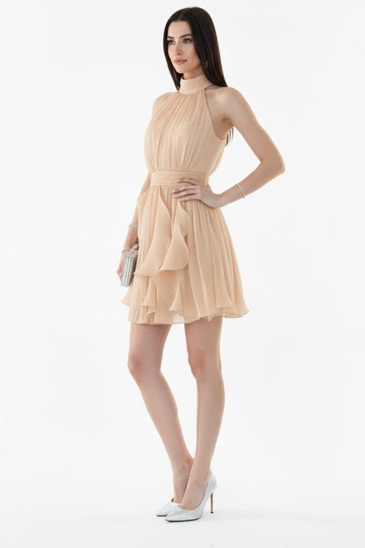 Kadın Bukleli Boyun Bağlamalı Kısa Elbise  Bej