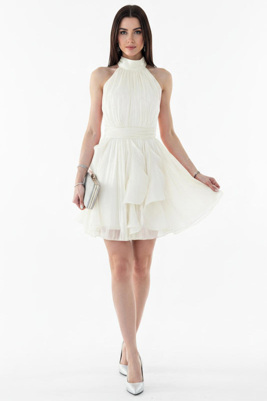 Kadın Bukleli Boyun Bağlamalı Kısa Elbise  Ekru