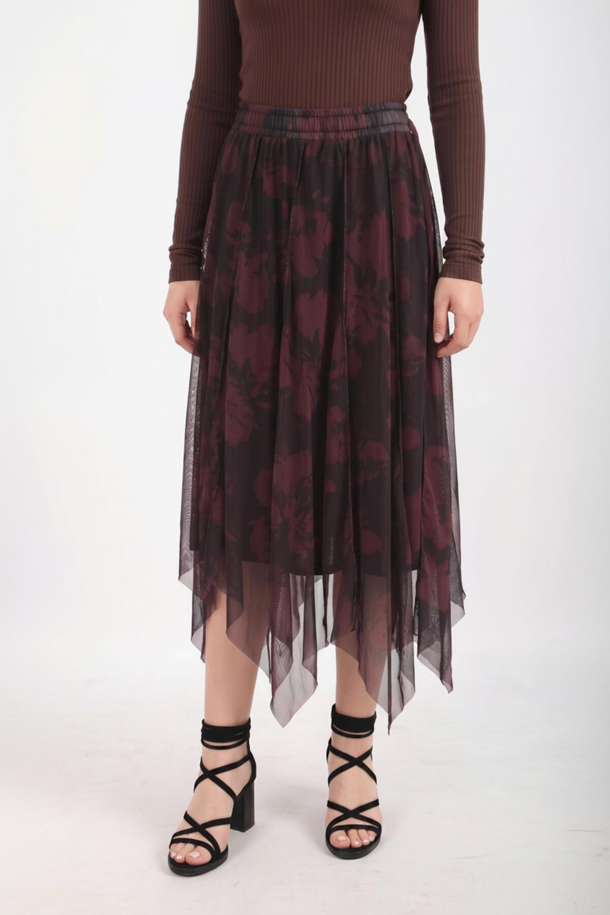 Kadın Desenli Tül Etek  Bordo
