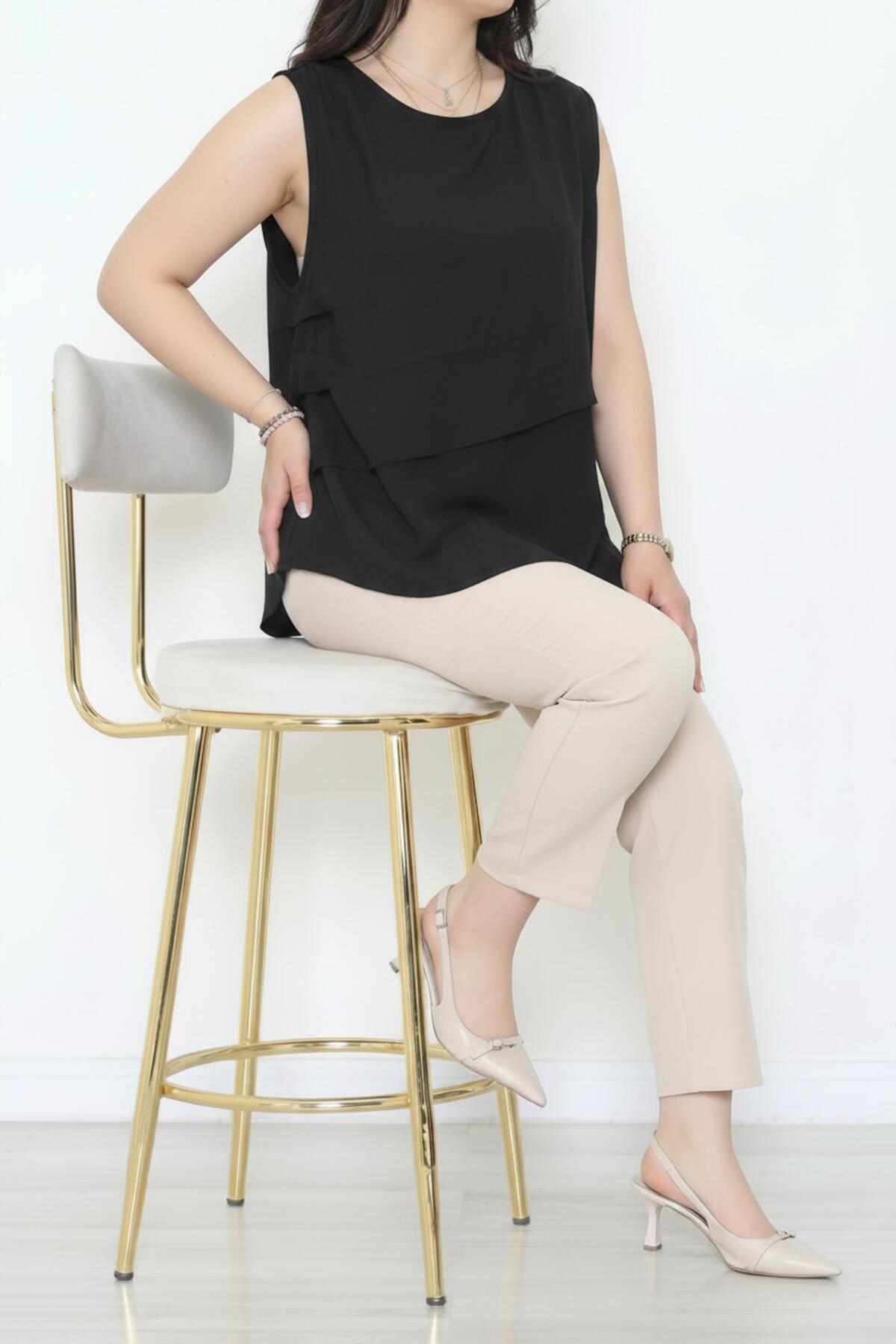 Kadın Tencel Yanı Pileli Bluz  Siyah