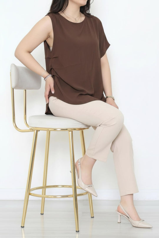 Kadın Tencel Yanı Pileli Bluz  Kahverengi