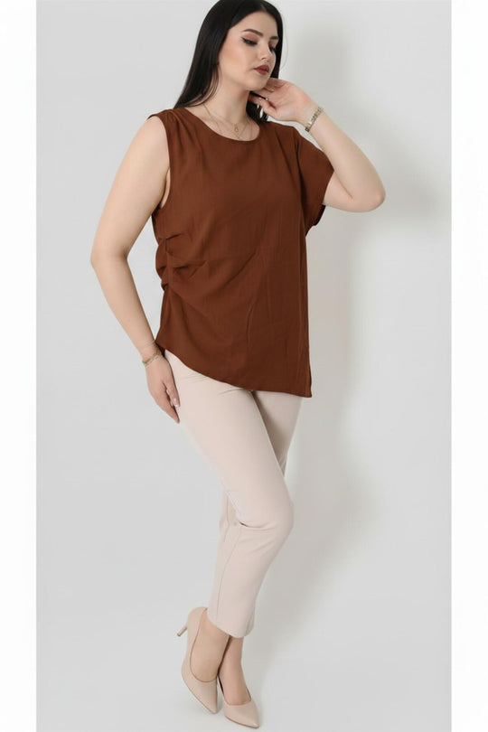 Kadın Tencel Yanı Pileli Bluz  Kahverengi