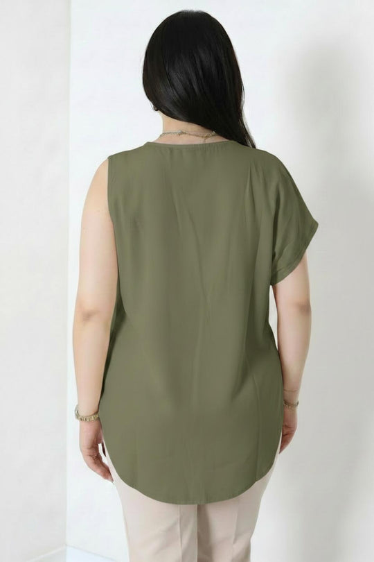 Kadın Tencel Yanı Pileli Bluz  Haki
